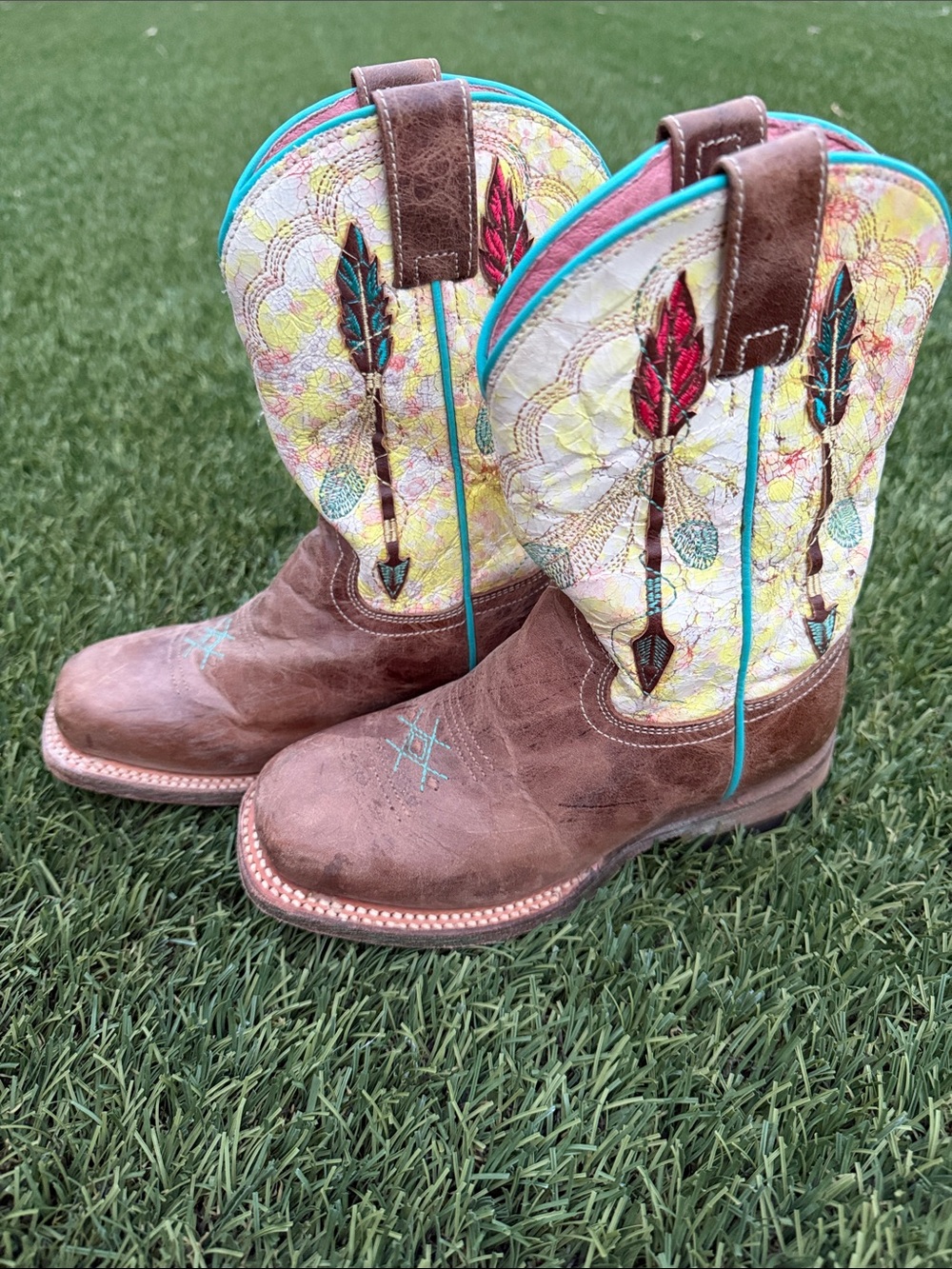 Brown Leather Cowgirl Boots with Turquoise Trim and Feather Embroidery